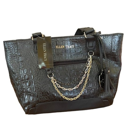 Ellen Tracy Shantel Handbag New Black Embossed Faux Leather Satchel Mixed Metal - Picture 1 of 11